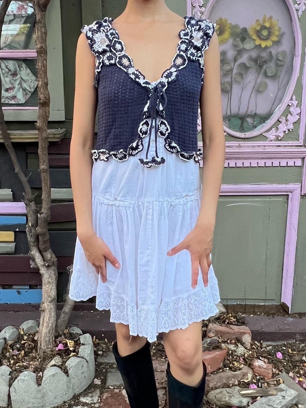 Anthropologie Guinevere Navy Boho Crochet Top Garden Summer Vacation